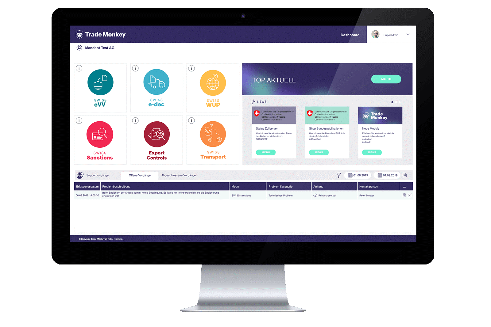 Dashboard Zollsoftware von Trade Monkey